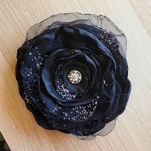 Brooch, black satin and mini rhinestones